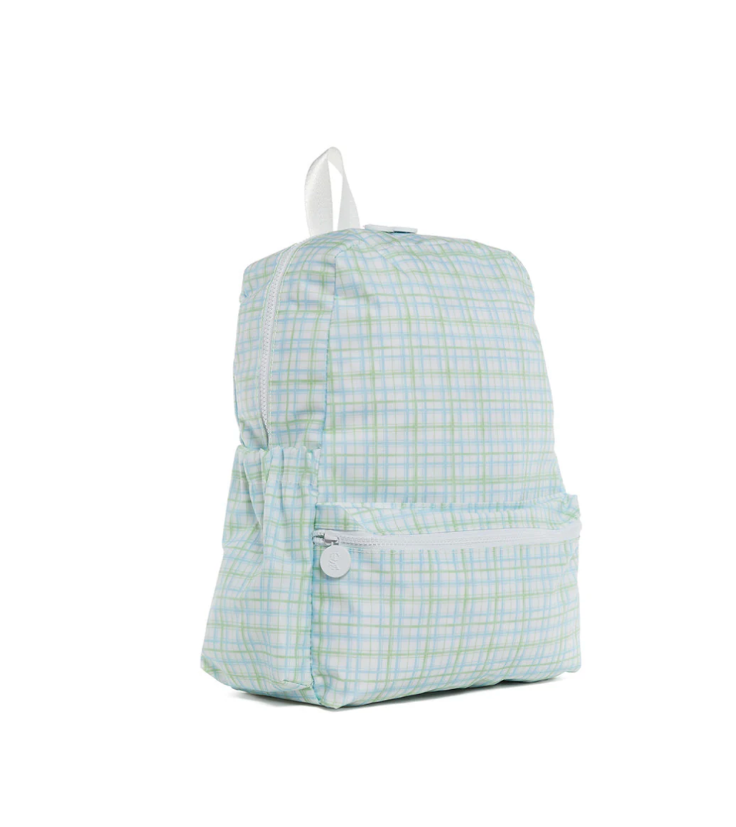 Green plaid TRVL Backpacker bag