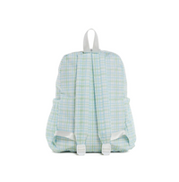 Green plaid TRVL Backpacker bag