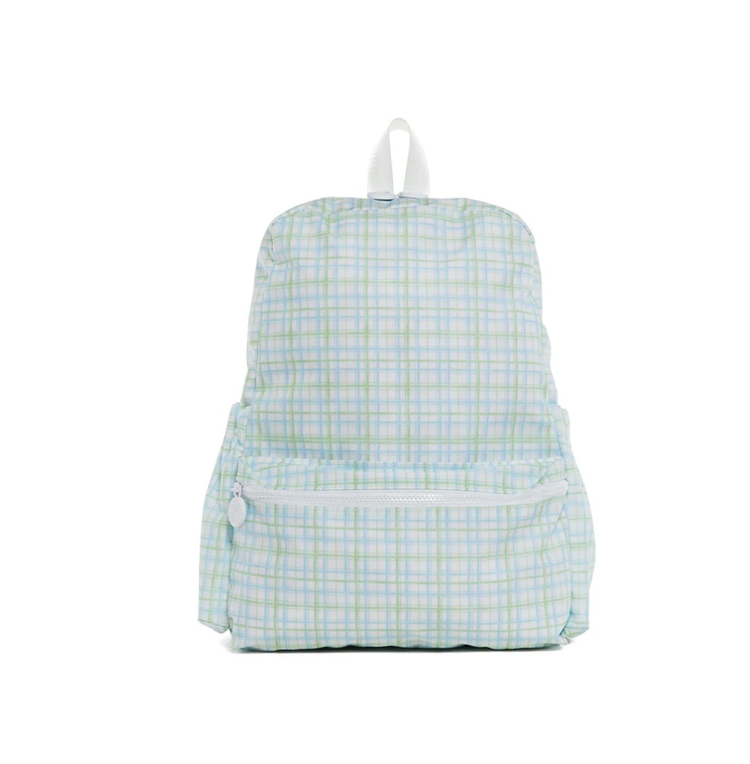 Green plaid TRVL Backpacker bag