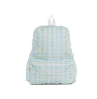 Green plaid TRVL Backpacker bag