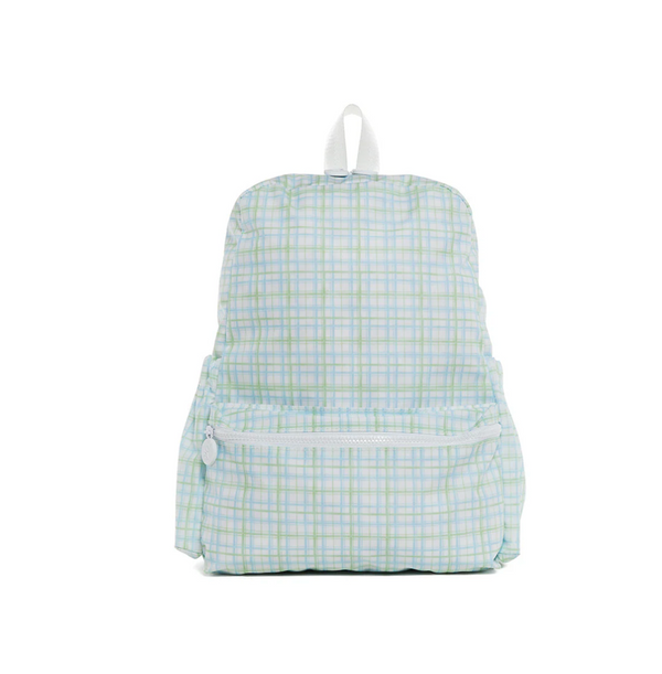 Green plaid TRVL Backpacker bag