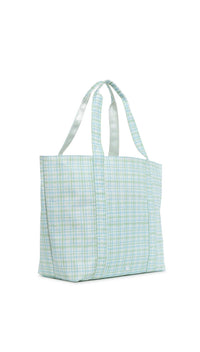 blue and green plaid  tote bag on a white background