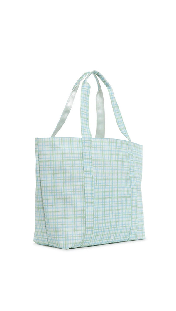 blue and green plaid  tote bag on a white background