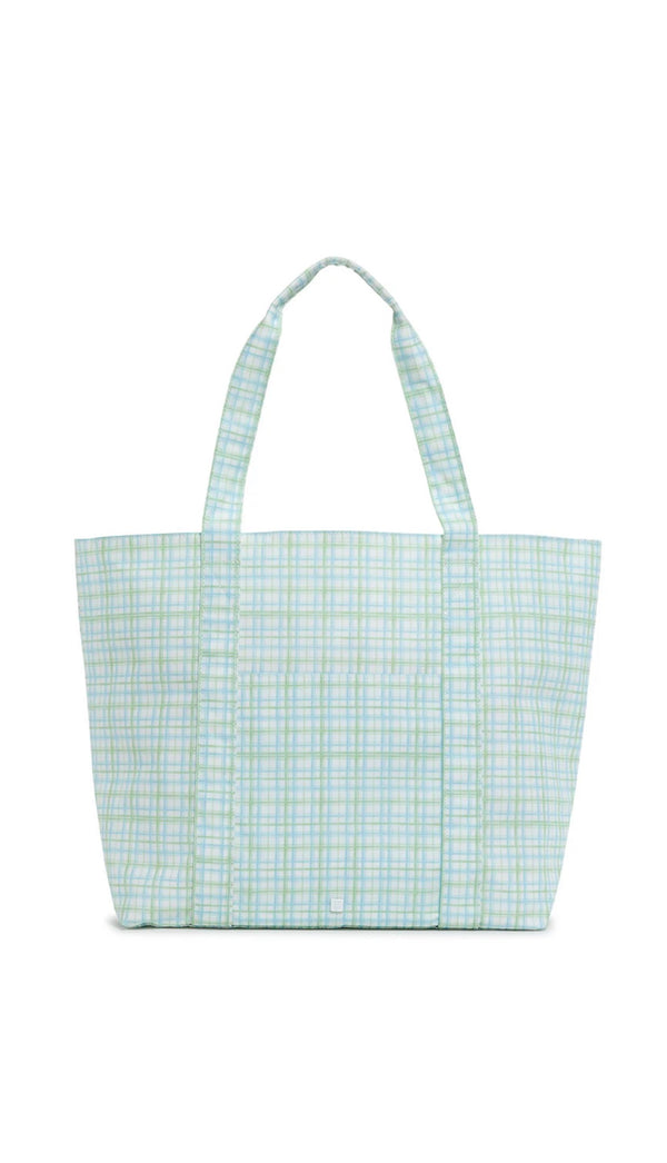 Green and blue plaid tote bag on a white background