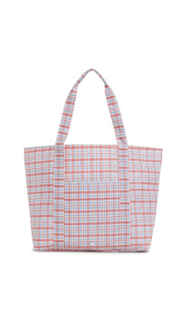 Plaid patterned tote bag on a white background