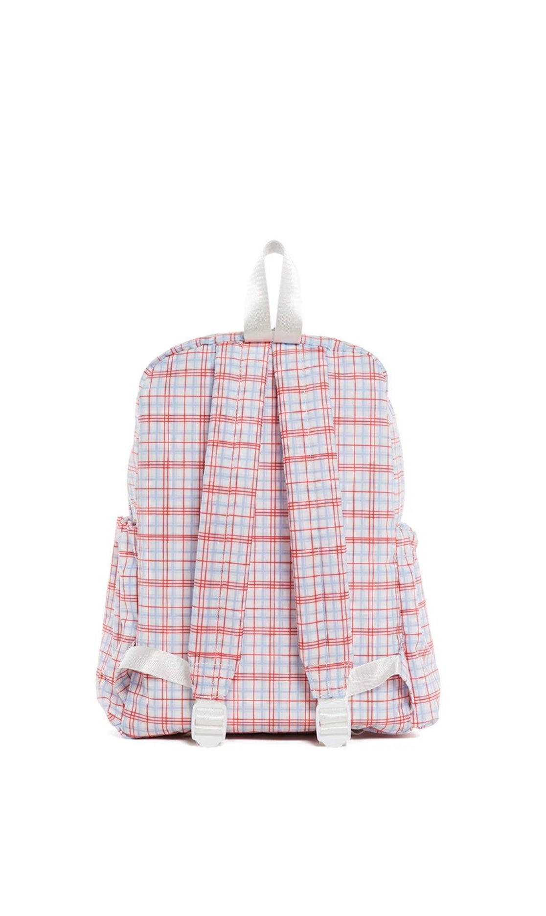 Red plaid TRVL Backpacker bag