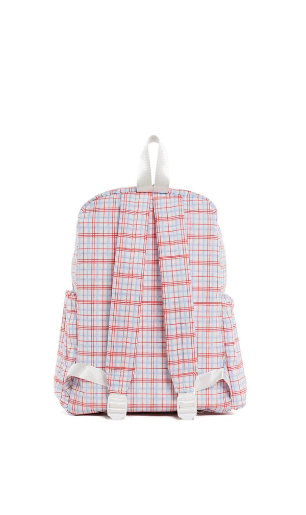 Red plaid TRVL Backpacker bag
