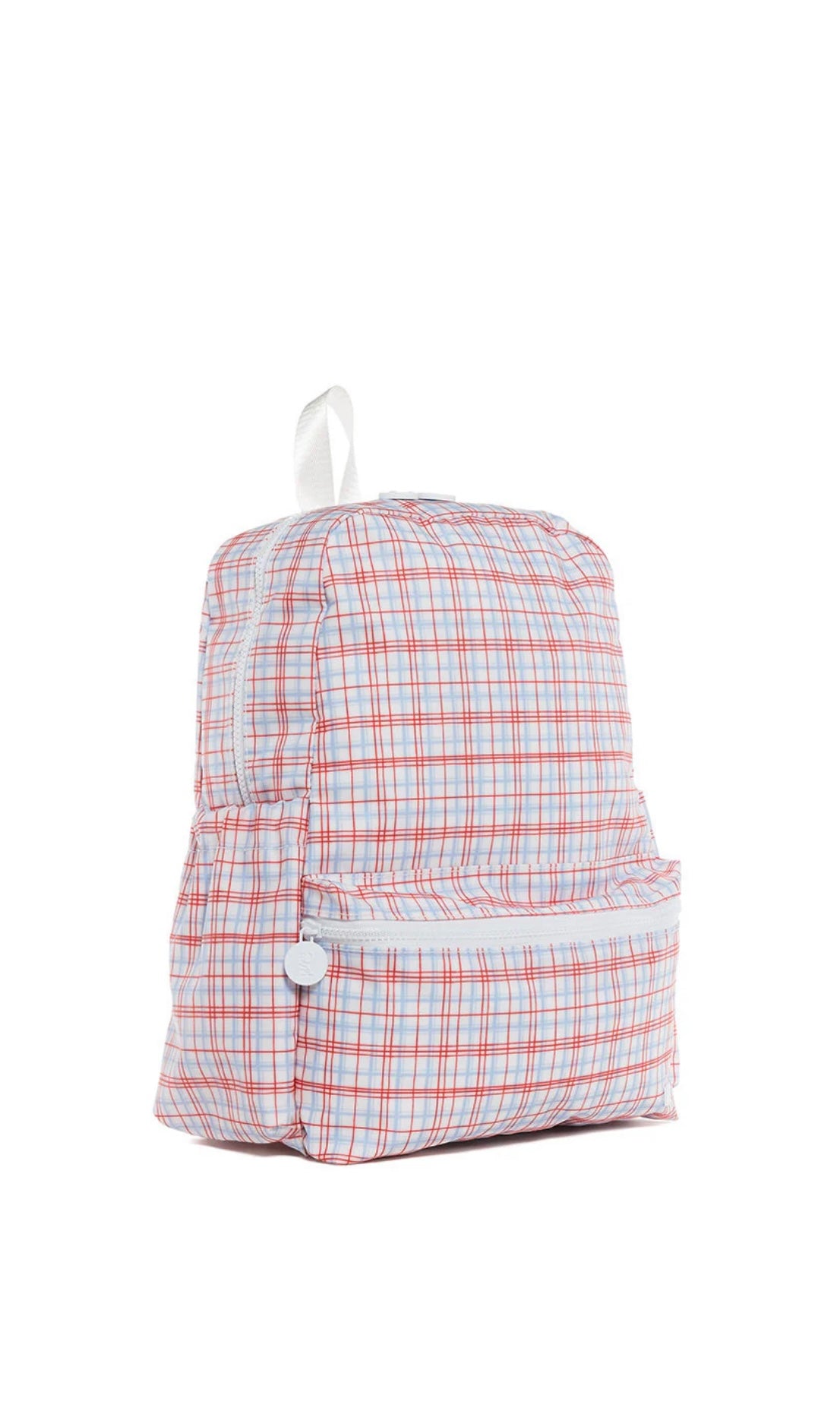 Red plaid TRVL Backpacker bag