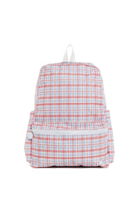 Red plaid TRVL Backpacker bag