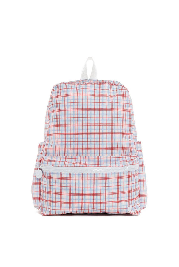 Red plaid TRVL Backpacker bag