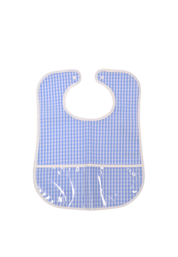 Sky blue gingham clean up bib for baby