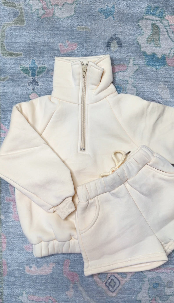 Cream quarter zip short set for baby