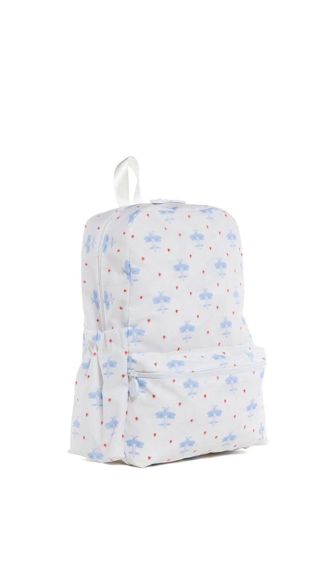 Backpack with blue  airplane pattern on a white background