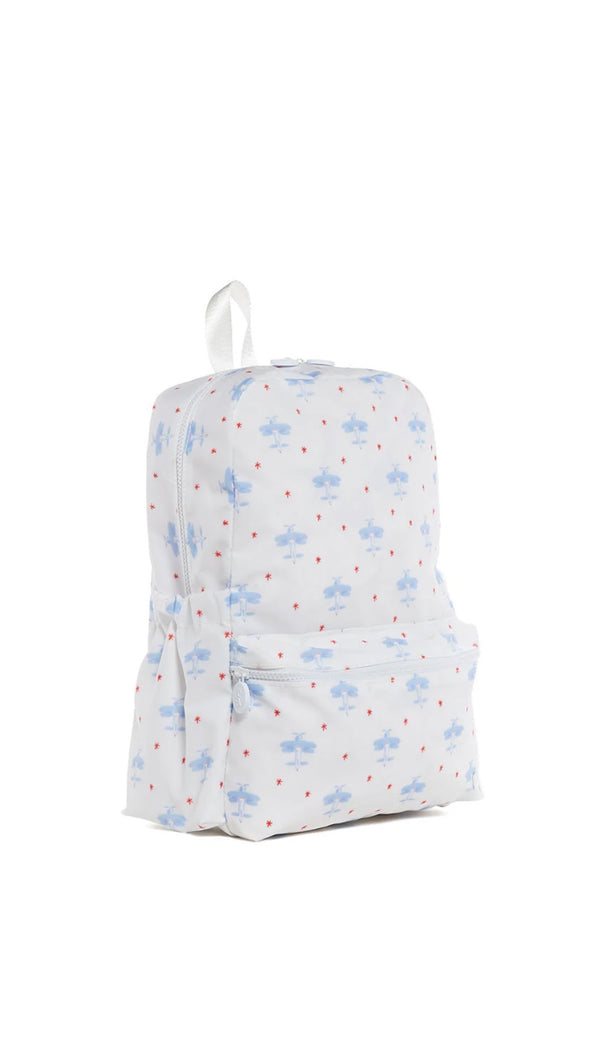 Backpack with blue  airplane pattern on a white background