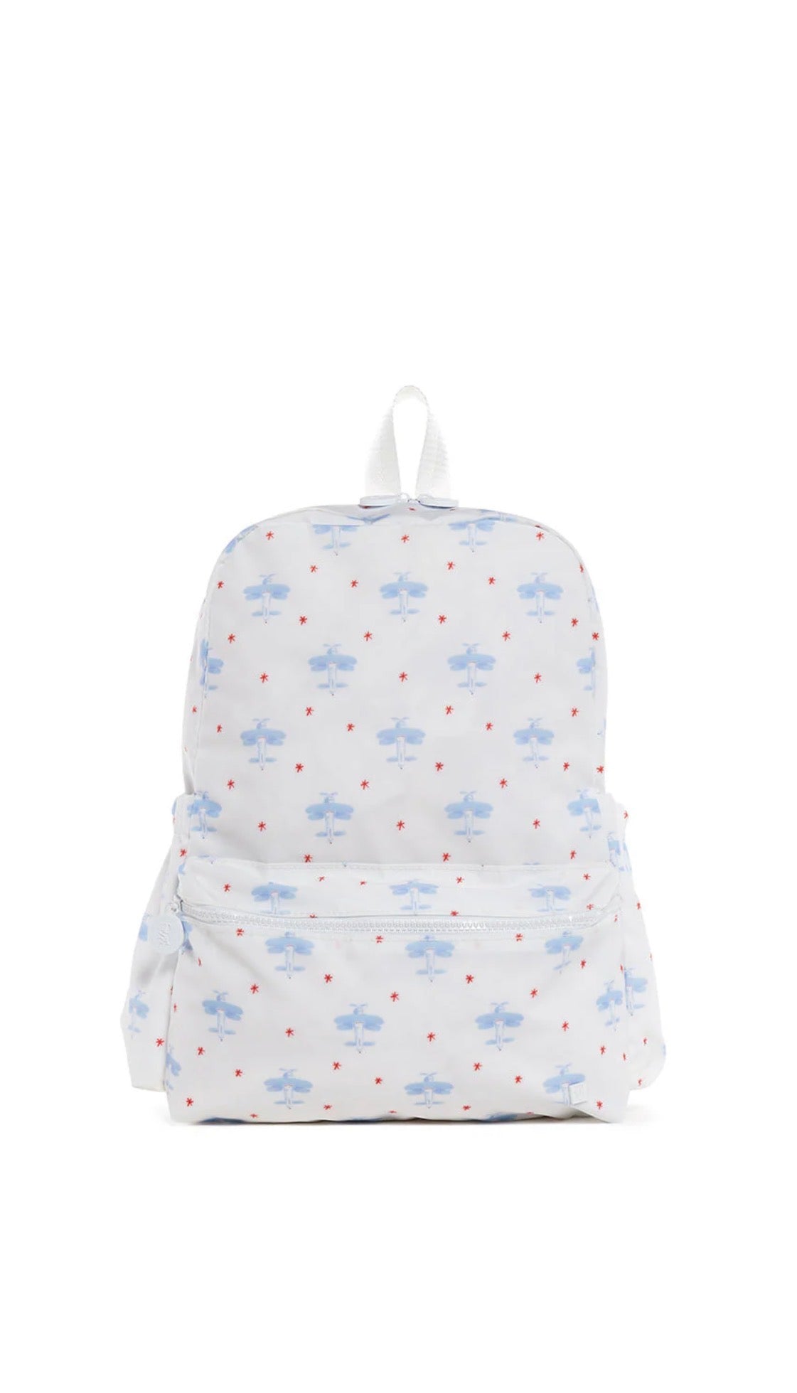 BACKPACK WITH BLUE AIRPLANE PATTERN ON A WHITE BACKGROUND