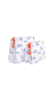 TRVL roadie with blue patterns and orange accents on a white background