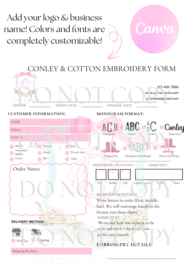 Embroidery order form template