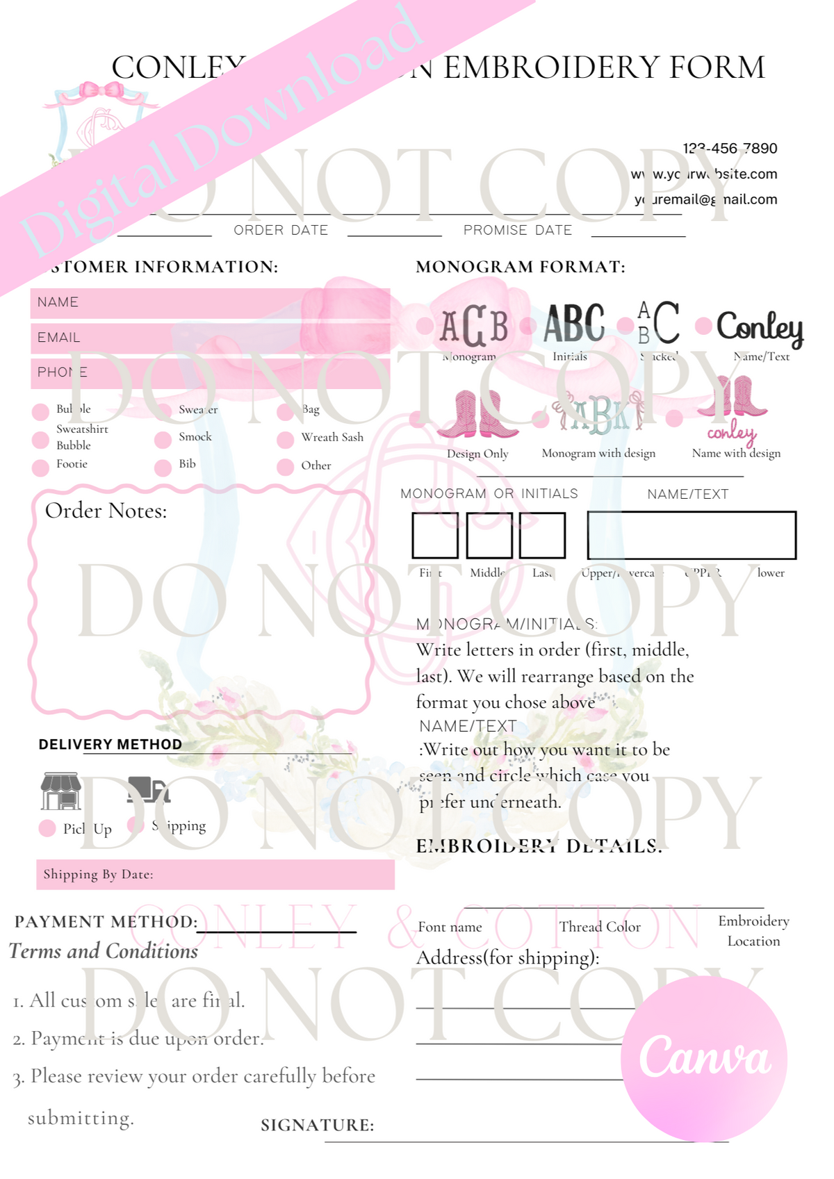 Embroidery order form template