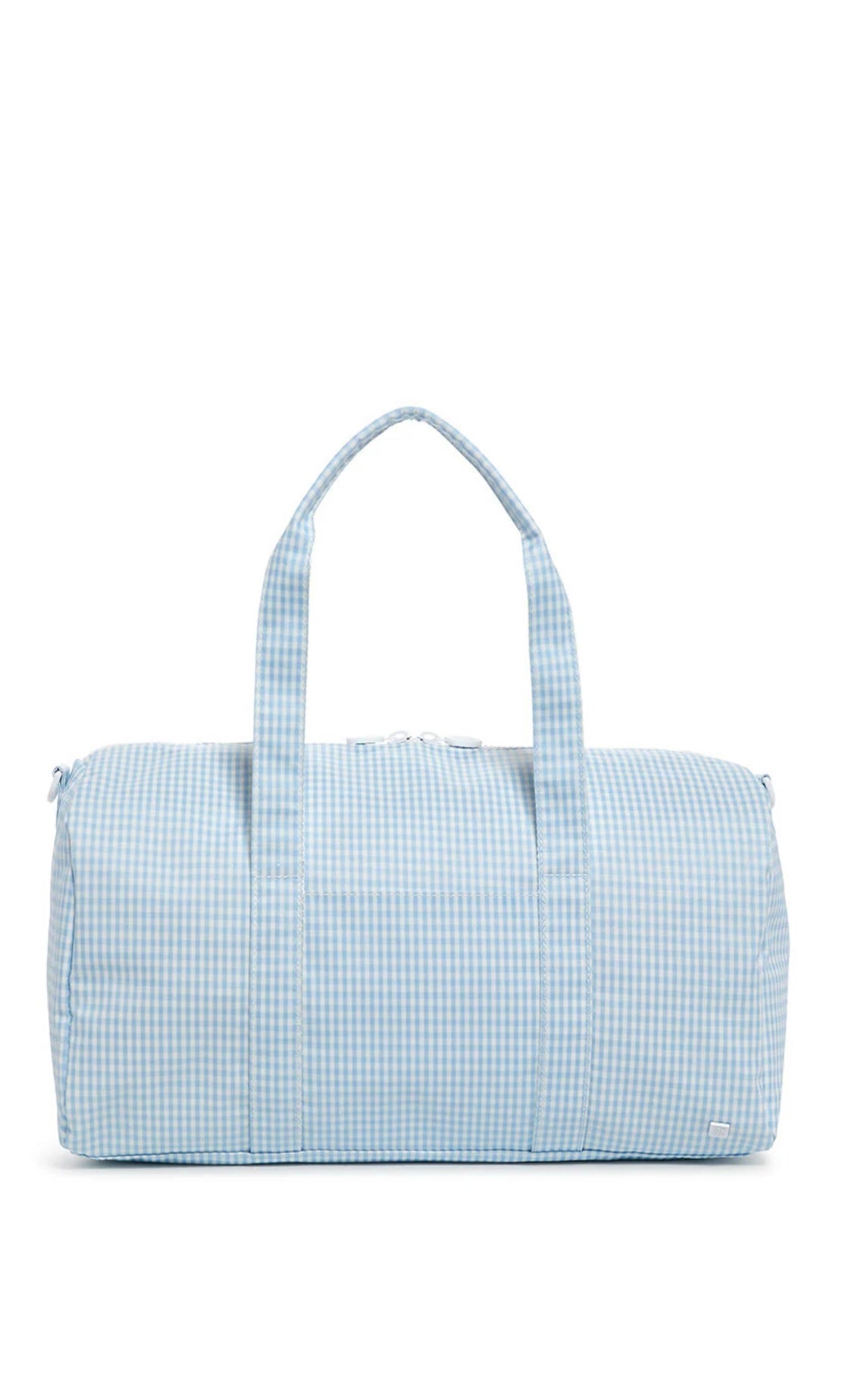 Mist blue gingham TRVL Weekender duffel bag