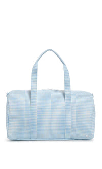 Mist blue gingham TRVL Weekender duffel bag