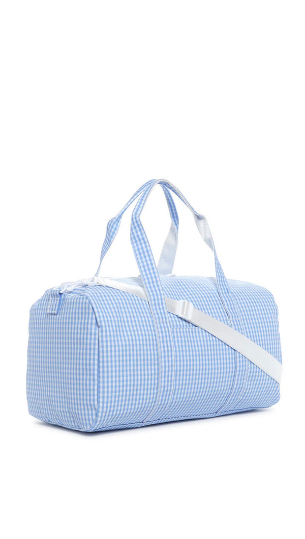 Blue checkered duffel bag on a white background