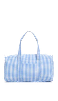Blue checkered duffel bag on a white background
