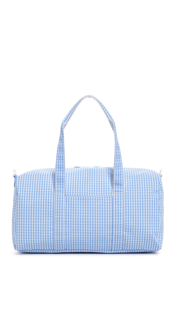 Blue checkered duffel bag on a white background