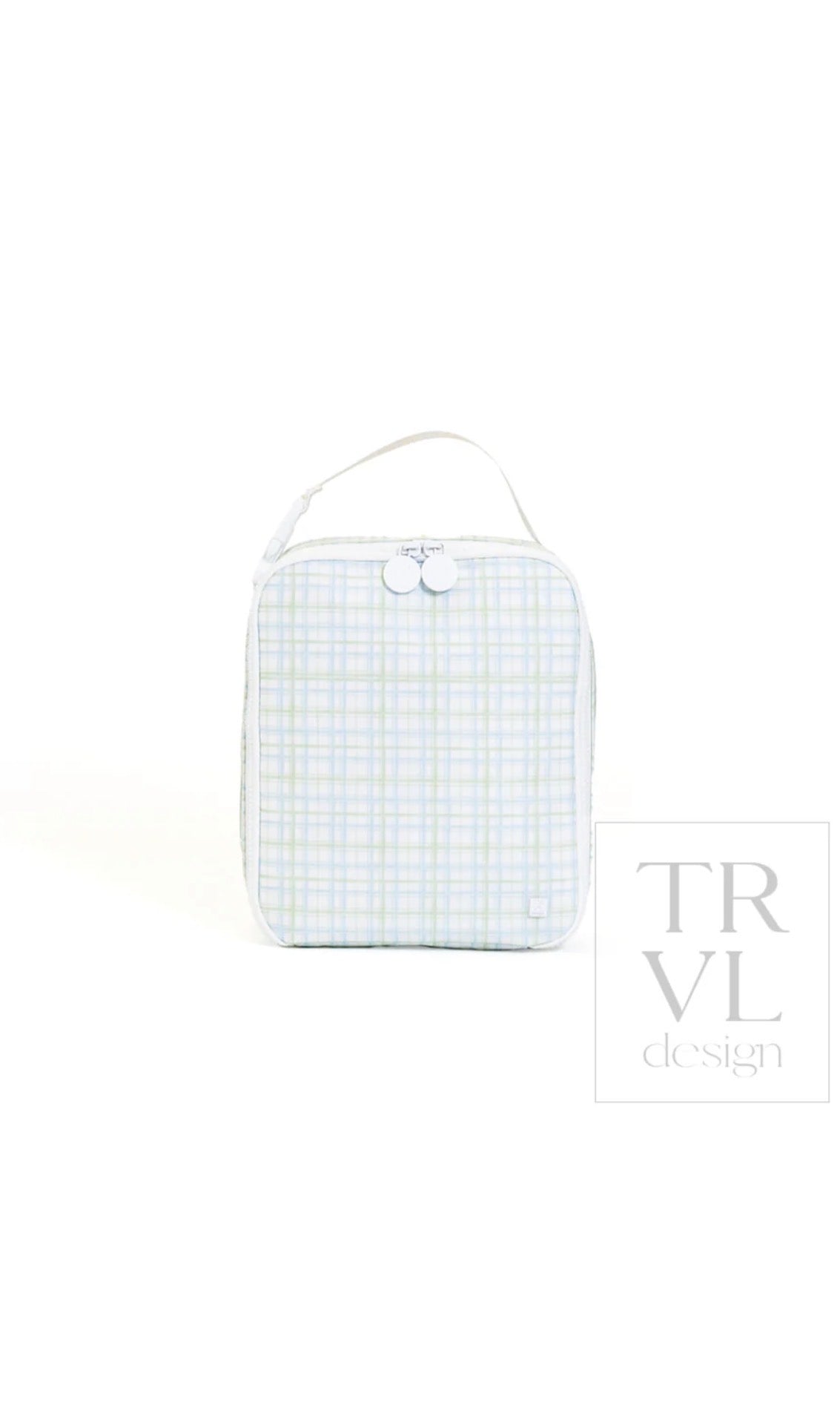 Green and blue plaid TRVL Lunch Box bag with top handle, front view