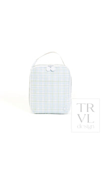 Green and blue plaid TRVL Lunch Box bag with top handle, front view