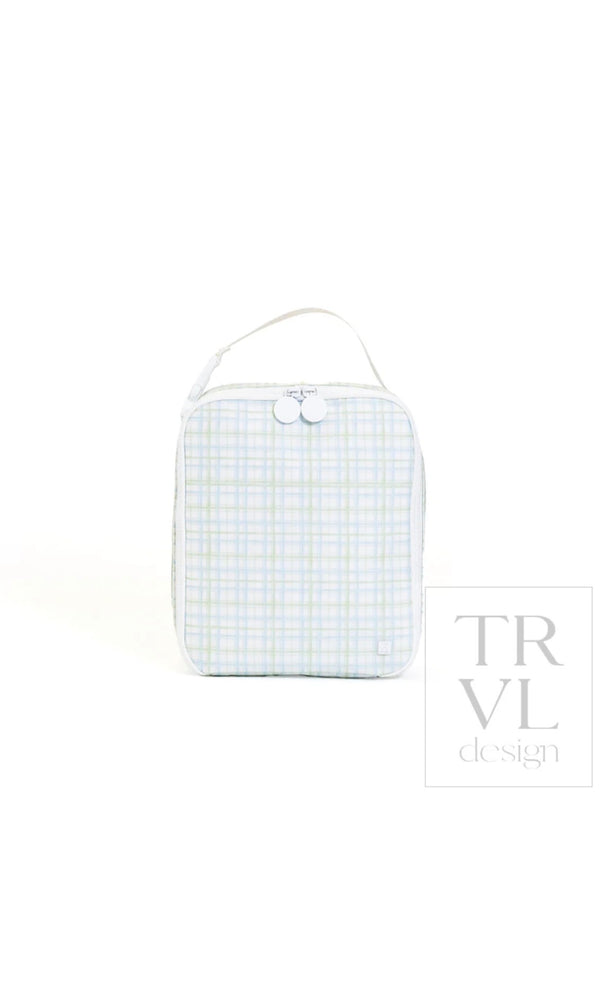 Green and blue plaid TRVL Lunch Box bag with top handle, front view