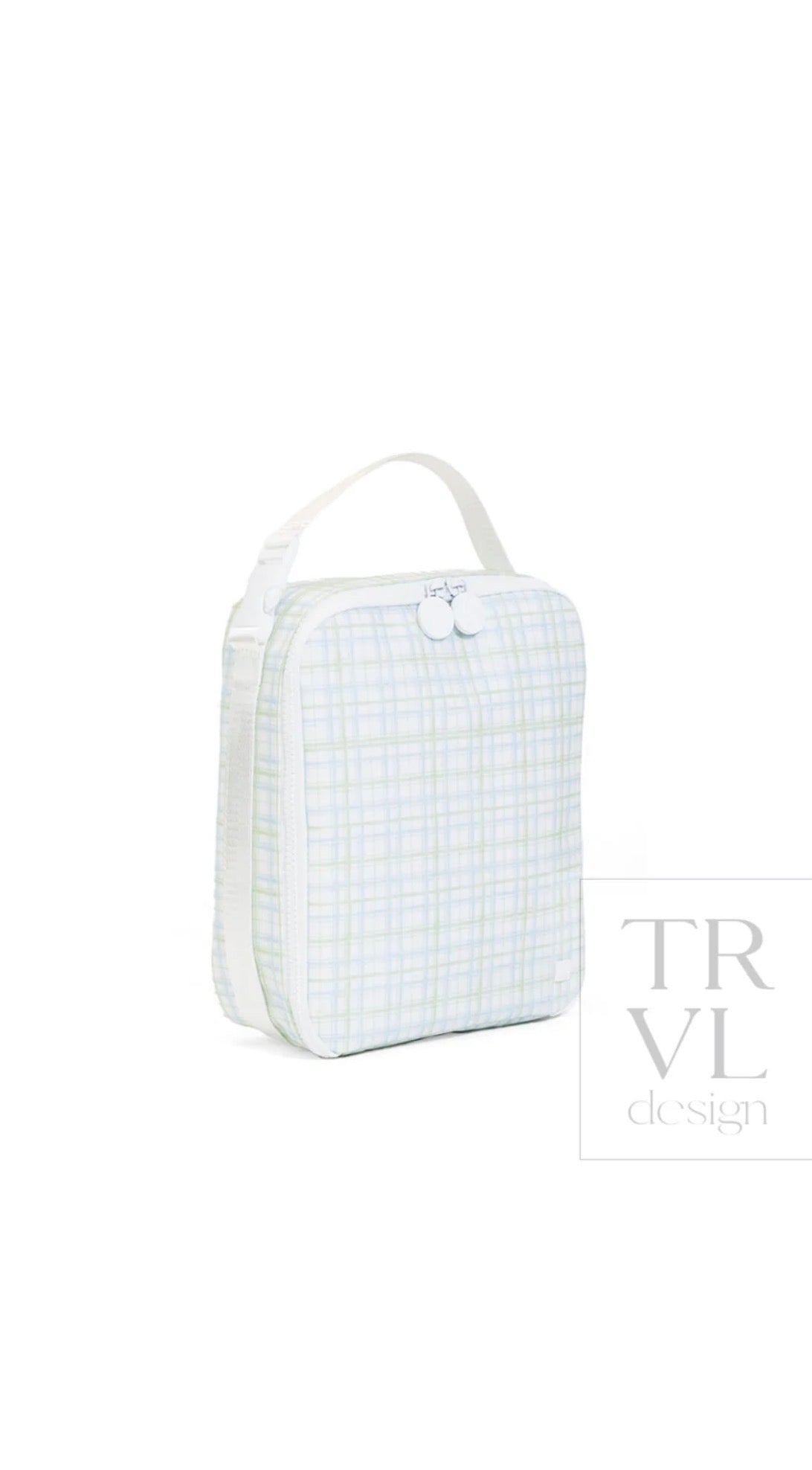 Green and blue plaid TRVL Lunch Box bag, side view