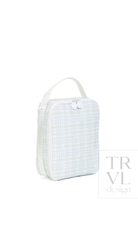 Green and blue plaid TRVL Lunch Box bag, side view