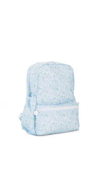 Light blue backpack with a subtle floral pattern on a white background