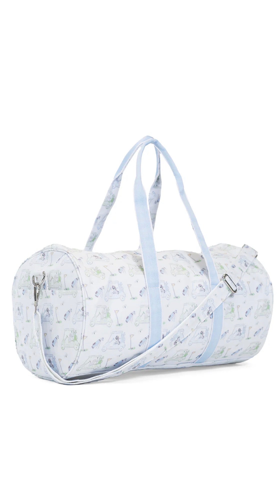 White duffel bag with blue golf pattern and straps on a white background