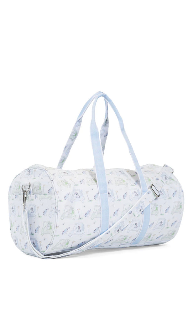 White duffel bag with blue golf pattern and straps on a white background