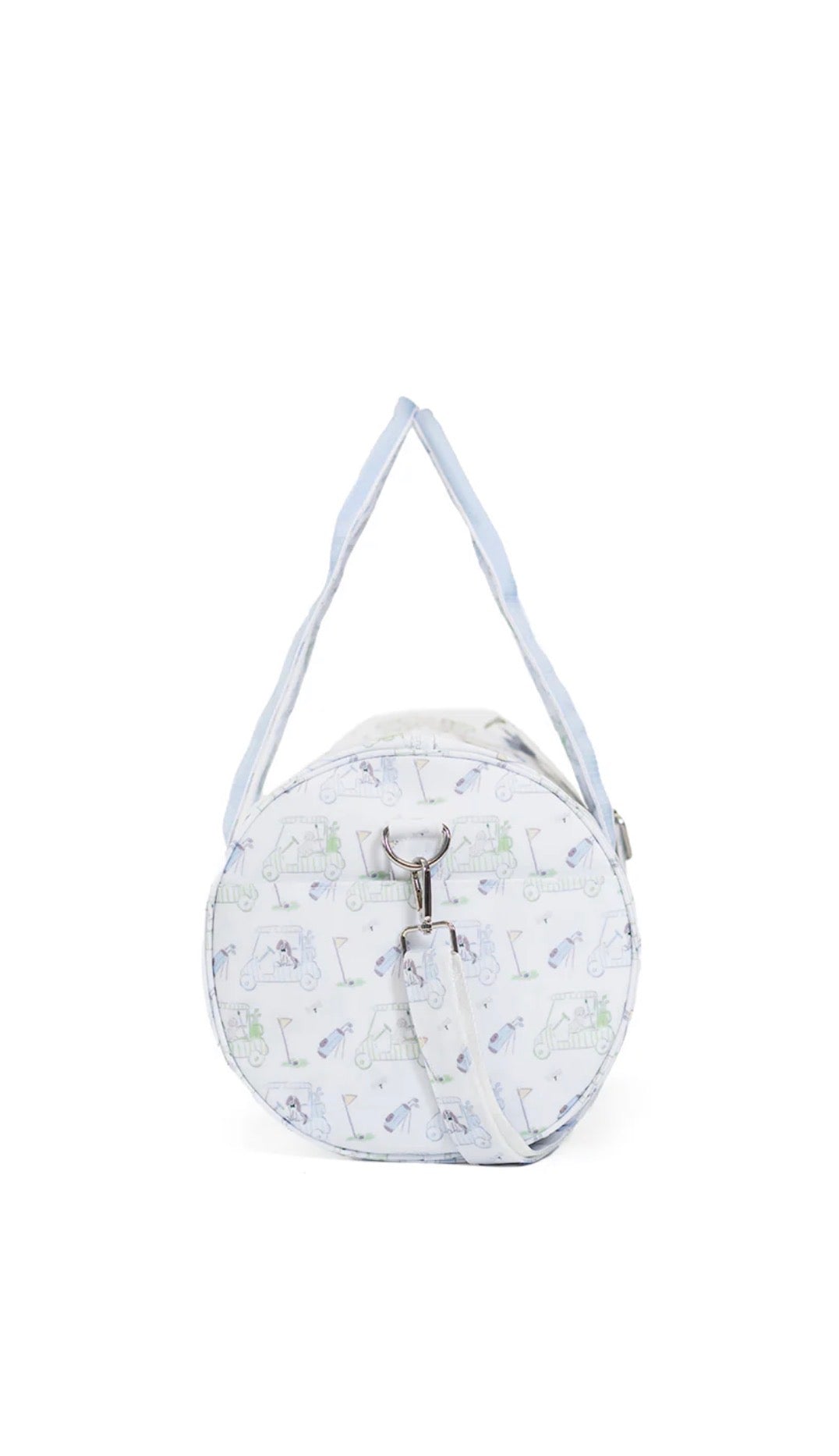Round golf-patterned bag with a strap on a white background