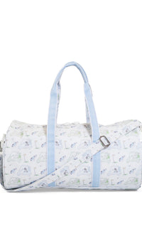 golf Patterned duffel bag with blue straps on a white background