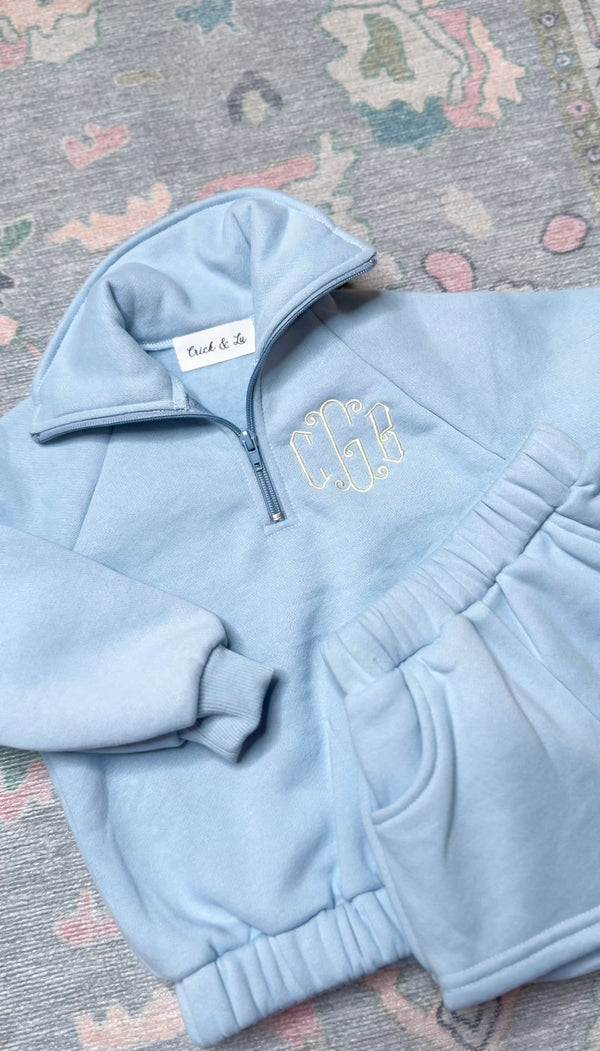 Light blue quarter zip short set for baby