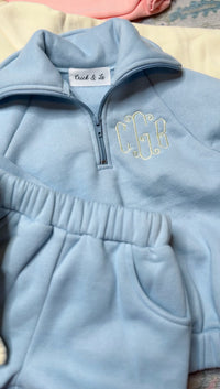 Light blue quarter zip short set for baby