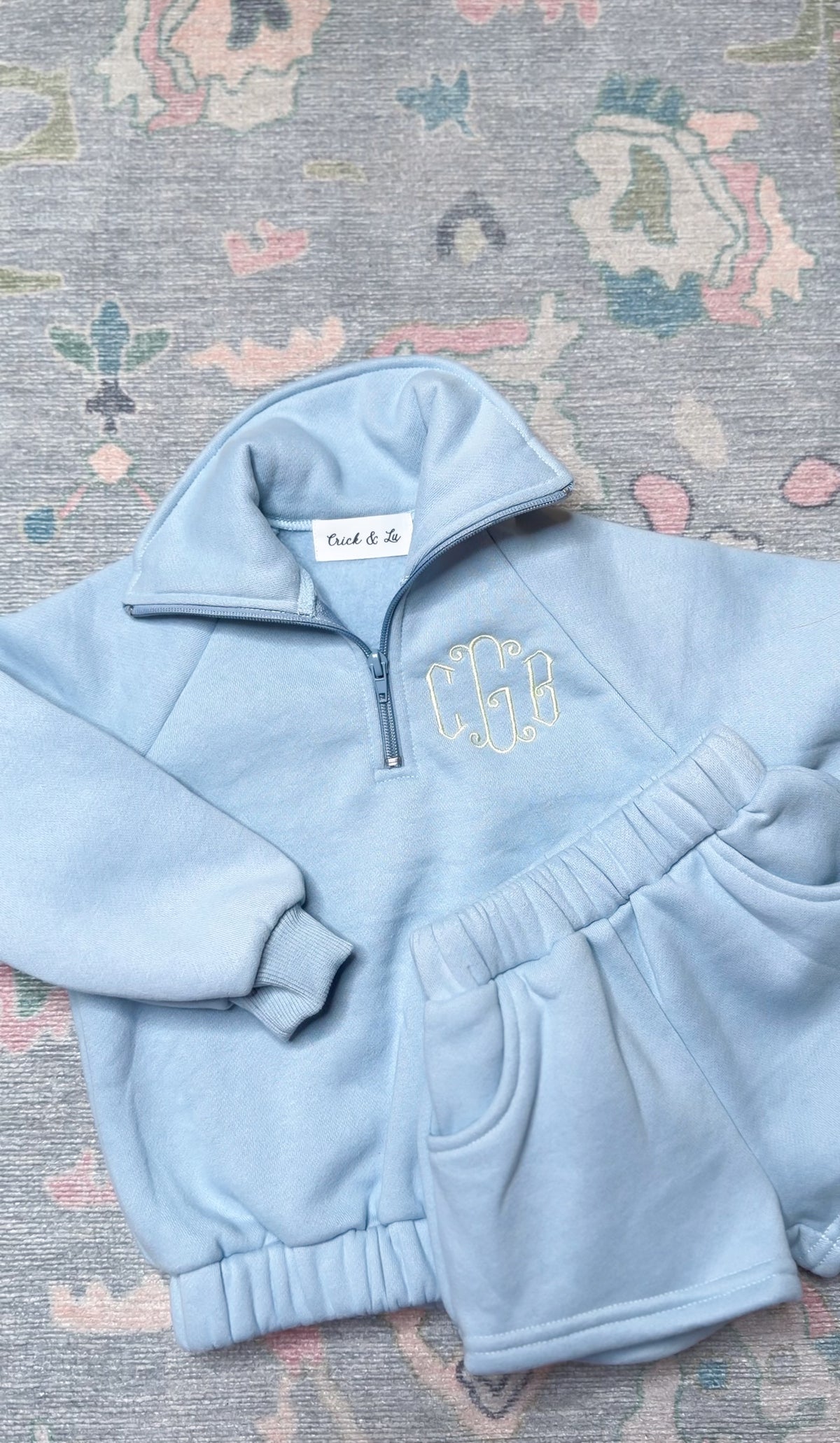 Light blue quarter zip short set for baby