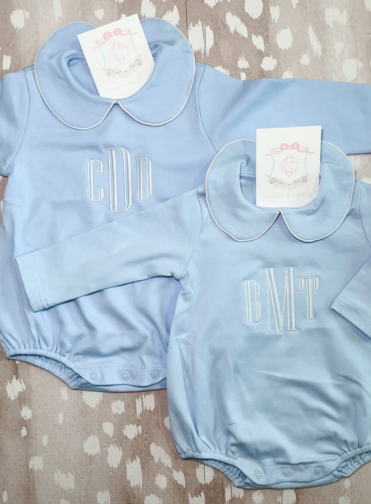 Blue long sleeve collared bubble romper for baby boys