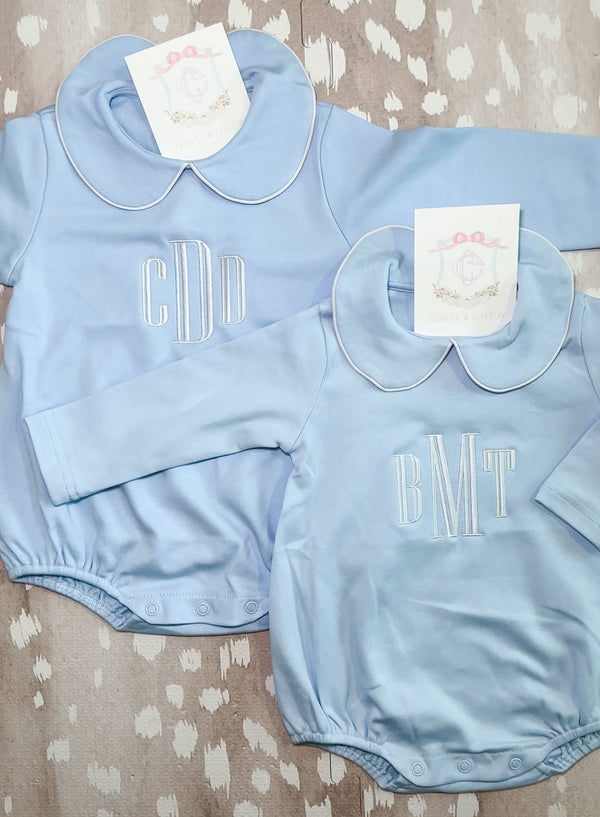 Blue long sleeve collared bubble romper for baby boys