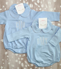 Blue long sleeve collared bubble romper for baby boys