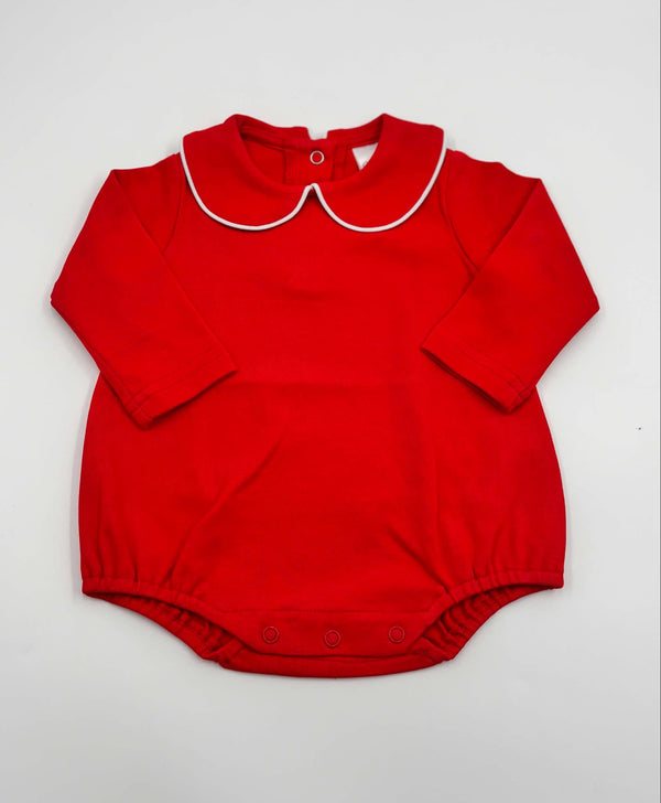 Red long sleeve collared bubble romper for baby boys