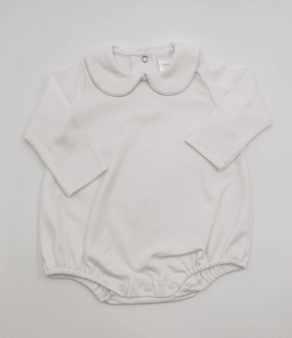 White long sleeve collared bubble romper for baby boys