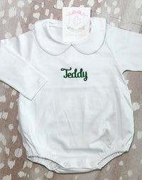 White long sleeve collared bubble romper for baby boys