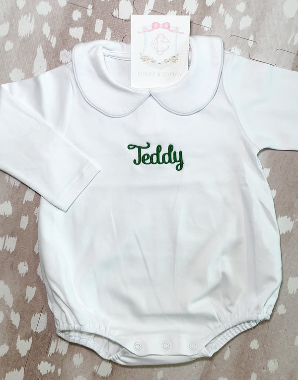 White long sleeve collared bubble romper for baby boys