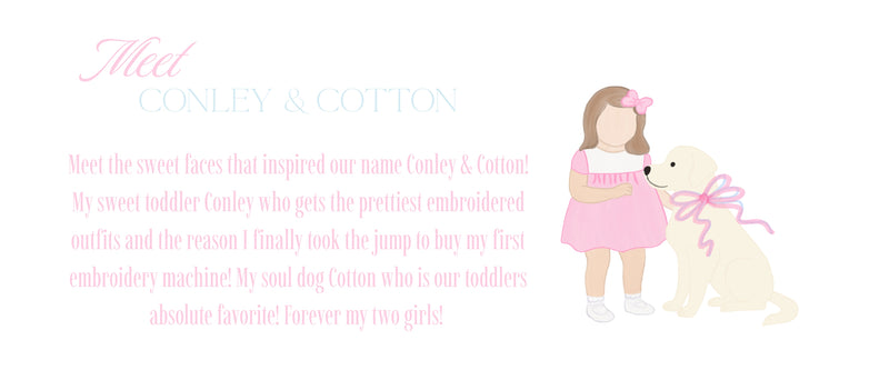 Illustration of a girl in a pink dress with a dog, accompanied by text about the brand 'Conley & Cotton'.