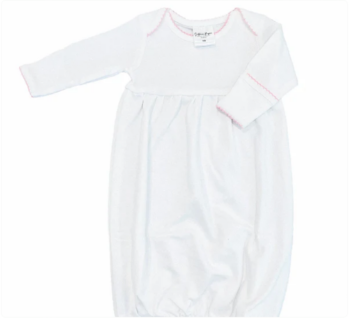 White picot trim newborn gown, available in pink and blue trim