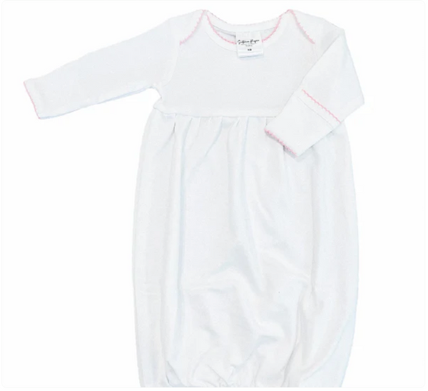 White picot trim newborn gown, available in pink and blue trim